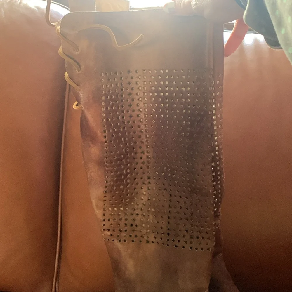 Bed Stu Women's Tall Perforated Leather Riding Boots in Cognac Brown